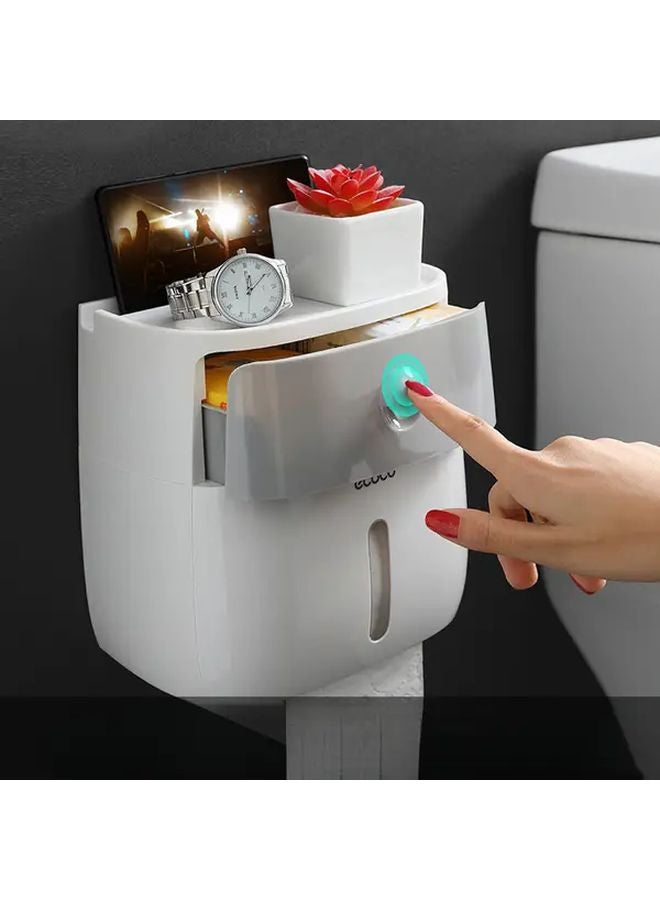 Blue Double Layer Toilet Paper Holder With Top Shelf Adhesive Mount Bathroom Organizer - Image 2